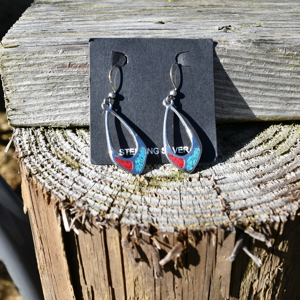 Sterling Silver Teardrop Earrings with Red and Blue Accents